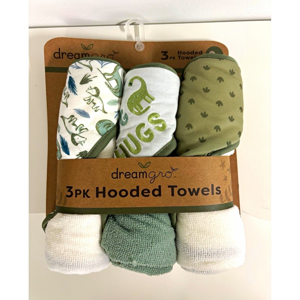 Dreamgro Baby 3PK Hooded Towels 28x28 Dinosaurs Green White MSRPS24-040 NWT